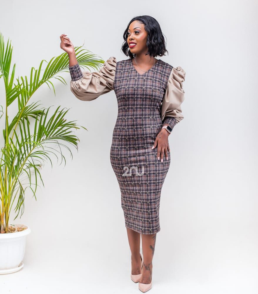 Chocolate Checked Bubble Sleeves Stretch dress